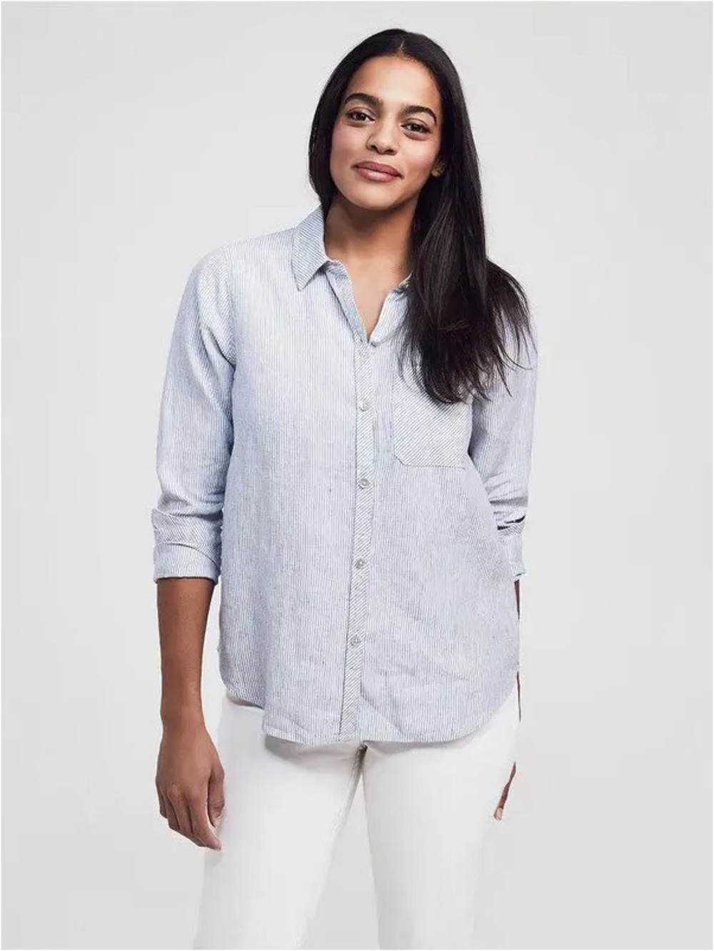 Faherty Del Mar Linen Button Down Shirt, Blue Mini Stripe, Size M
